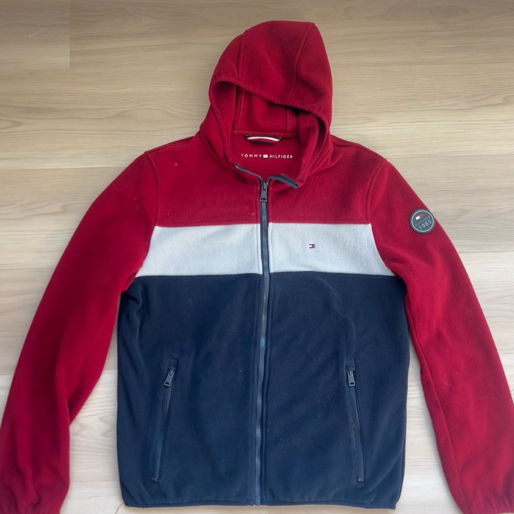 Y2K Tommy Hilfiger Men's Red White Blue Colorblock Fleece Hooded Jacket (Size S)